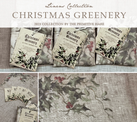 Primitive Hare ~ Christmas Greenery 40ct Linen