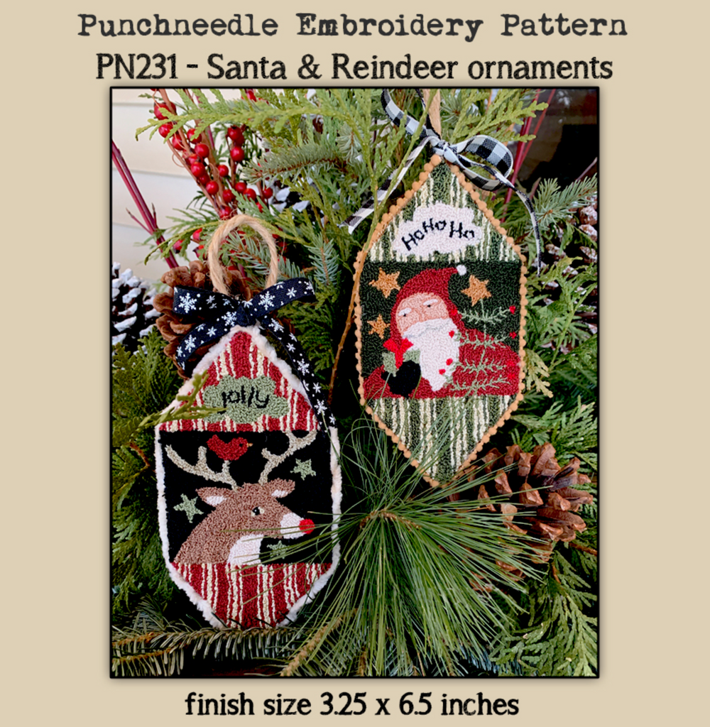 Teresa Kogut ~ Santa & Reindeer Ornaments Punch Needle w/fabric