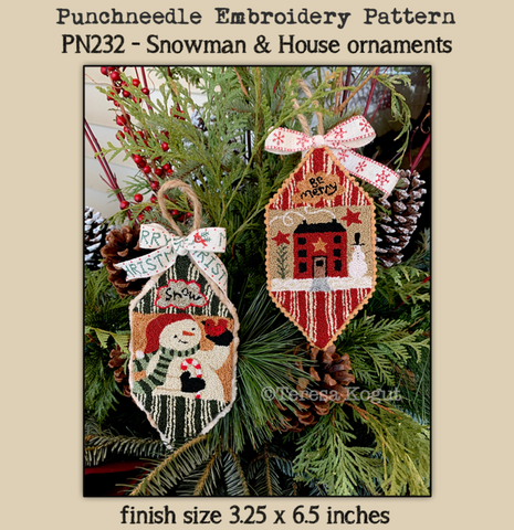 Teresa Kogut ~ Snowman & House Ornaments Punch Needle w/fabric