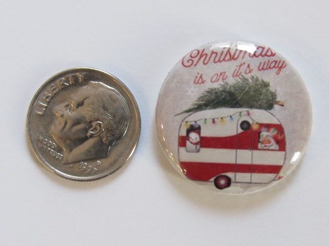 1" Button Magnet ~ Christmas - Santa's Camper (red)