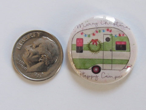 1" Button Magnet ~ Christmas - Happy Christmas Camper (green)