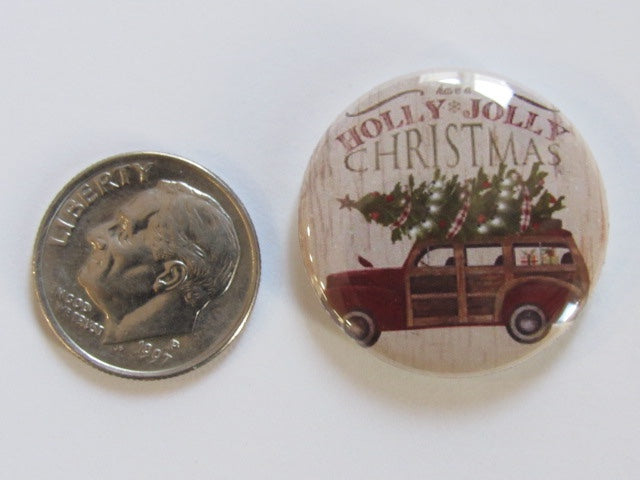 1" Button Magnet ~ Christmas - Woody Wagon w/Tree