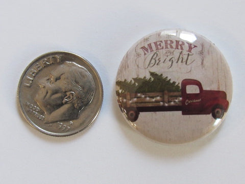 1" Button Magnet ~ Christmas - Merry & Bright Truck w/Tree