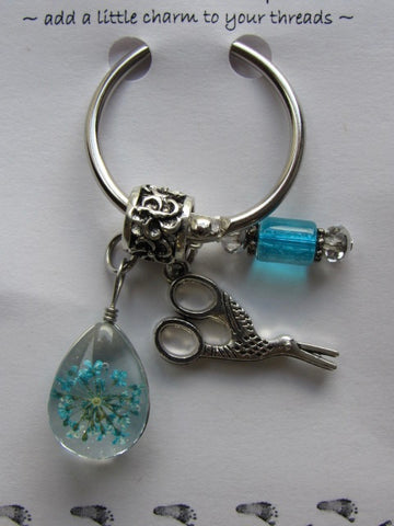 Dried Floral & Mini Charms Thread Keep - Aqua - **Very limited # available!