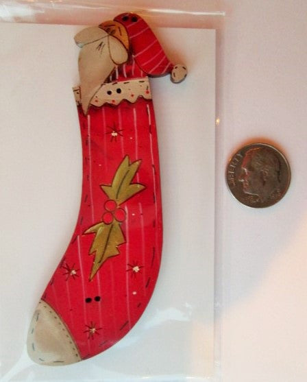 Hand Painted Buttons - Santa Stocking w/Holly Big Button